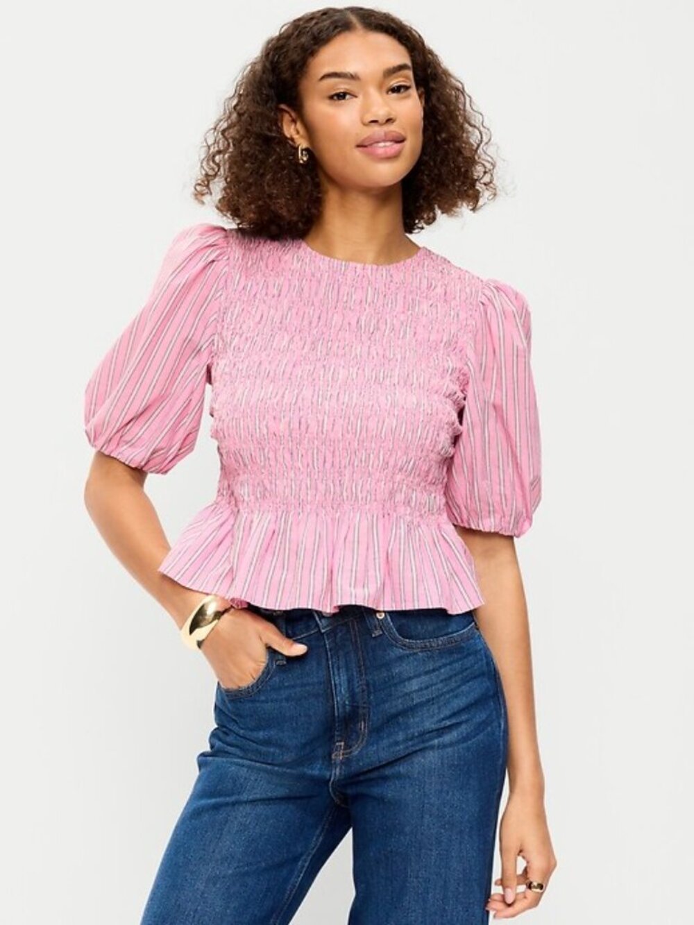 Pink Stripe Smocked Puff Sleeve Peplum Top